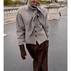 ZARA SCARF KNIT CARDIGAN SWEATER - WOOL SWEATER WITH DETACHABLE SCARF